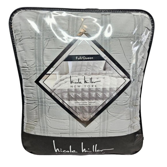 Nicole Miller Grey Full/Queen 3 Piece Luxury Textured Comforter Set, New - Picture 1 of 4